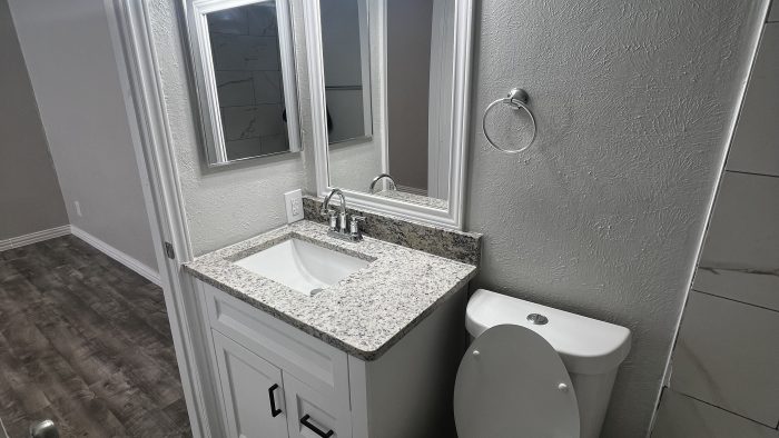 a bathroom with a toilet, sink and mirror at The Calypso Court